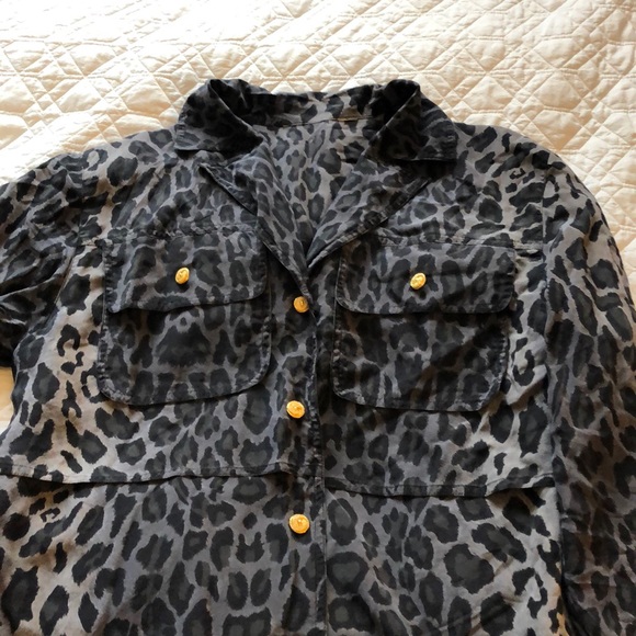 Silky black and grey leopard blouse - gold buttons - Picture 1 of 4